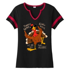 Turkey Gravy Beans And Rolls Casserole Funny Thanksgiving Ladies Halftime Notch Neck Tee