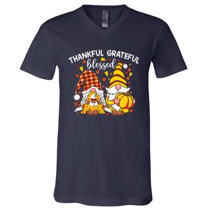 Thankful Grateful Blessed Fall Gnomes Autumn Thanksgiving V-Neck T-Shirt