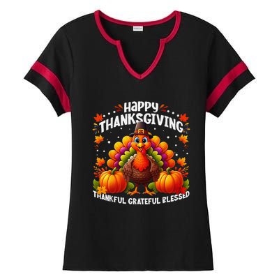 Thankful Grateful Blessed Happy Thanksgiving Turkey Women Ladies Halftime Notch Neck Tee