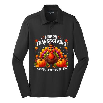 Thankful Grateful Blessed Happy Thanksgiving Turkey Women Silk Touch Performance Long Sleeve Polo