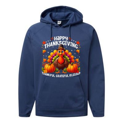 Thankful Grateful Blessed Happy Thanksgiving Turkey Women Performance Fleece Hoodie