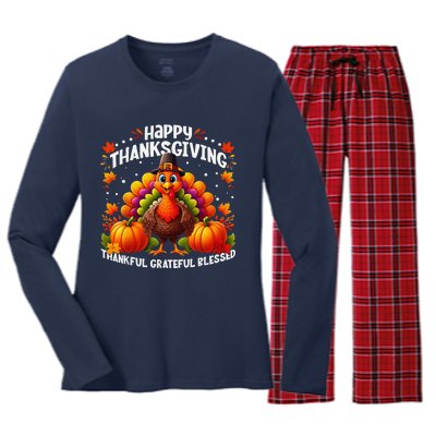 Thankful Grateful Blessed Happy Thanksgiving Turkey Women Women's Long Sleeve Flannel Pajama Set 