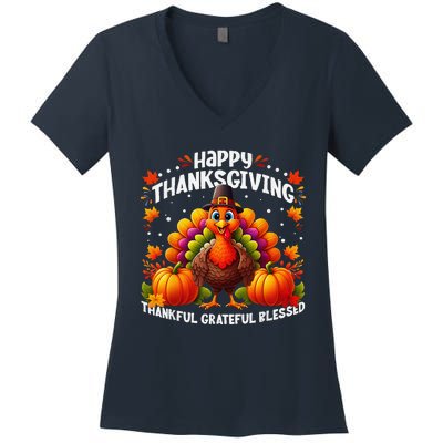 Thankful Grateful Blessed Happy Thanksgiving Turkey Women Women's V-Neck T-Shirt