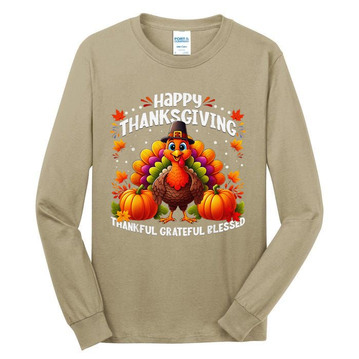 Thankful Grateful Blessed Happy Thanksgiving Turkey Women Tall Long Sleeve T-Shirt