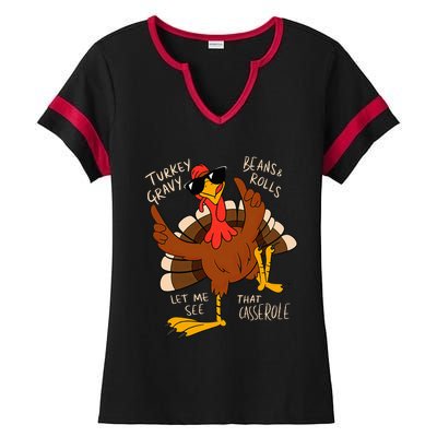 Turkey Gravy Beans And Rolls Casserole Funny Thanksgiving Ladies Halftime Notch Neck Tee