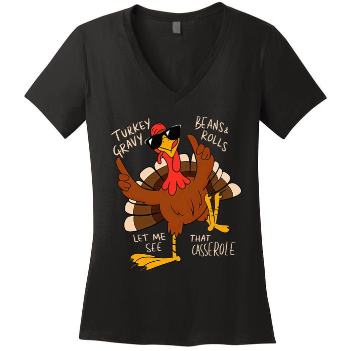 Turkey Gravy Beans And Rolls Casserole Funny Thanksgiving Women's V-Neck T-Shirt