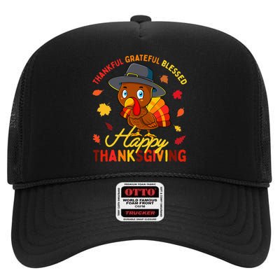 Thankful Grateful Blessed Thanksgiving Turkey Girls High Crown Mesh Back Trucker Hat