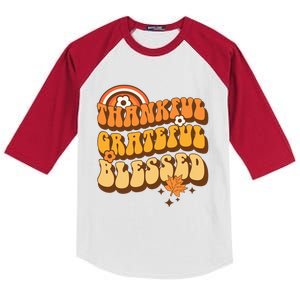 Thankful Grateful Blessed Retro Fall Thanksgiving Kids Colorblock Raglan Jersey