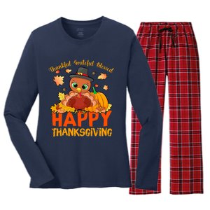 Thankful Grateful Blessed Thanksgiving Turkey Girls Women's Long Sleeve Flannel Pajama Set 