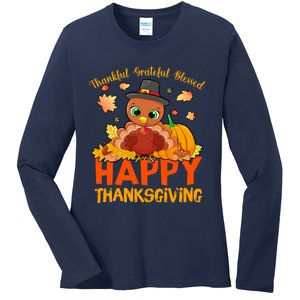 Thankful Grateful Blessed Thanksgiving Turkey Girls Ladies Long Sleeve Shirt