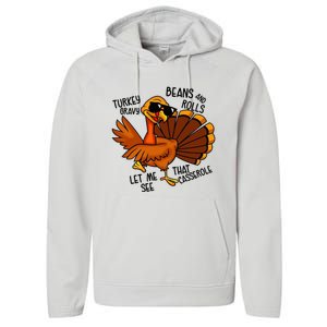 Turkey Gravy Beans And Rolls Casserole Funny Thanksgiving Performance Fleece Hoodie