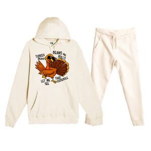 Turkey Gravy Beans And Rolls Casserole Funny Thanksgiving Premium Hooded Sweatsuit Set