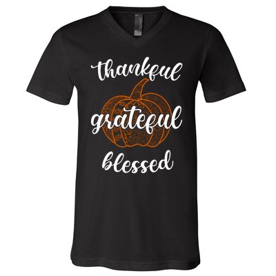 Thankful Grateful Blessed Pumpkin Fall V-Neck T-Shirt