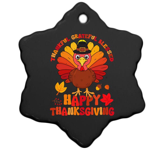 Thankful Grateful Blessed Turkey Women Happy Thanksgiving Ceramic Star Ornament