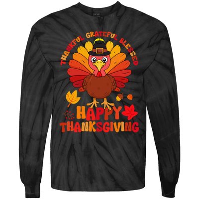 Thankful Grateful Blessed Turkey Women Happy Thanksgiving Tie-Dye Long Sleeve Shirt