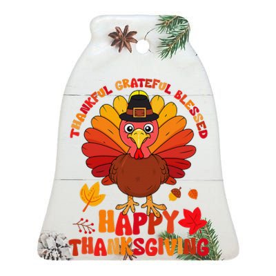 Thankful Grateful Blessed Turkey Women Happy Thanksgiving Ceramic Bell Ornament