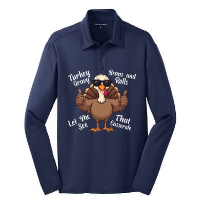 Turkey Gravy Beans And Rolls Casserole Funny Thanksgiving Silk Touch Performance Long Sleeve Polo