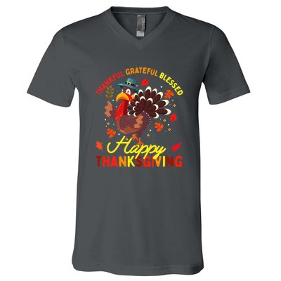 Thankful Grateful Blessed Thanksgiving Turkey V-Neck T-Shirt