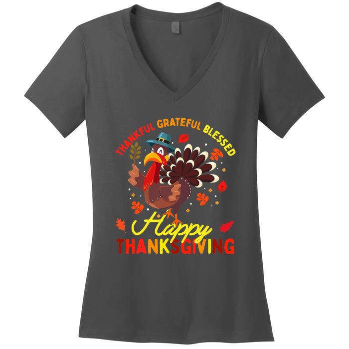 Thankful Grateful Blessed Thanksgiving Turkey Women's V-Neck T-Shirt