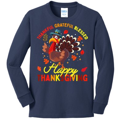 Thankful Grateful Blessed Thanksgiving Turkey Kids Long Sleeve Shirt