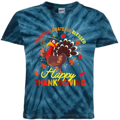 Thankful Grateful Blessed Thanksgiving Turkey Kids Tie-Dye T-Shirt