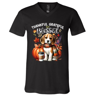 Thankful Grateful Blessed Beagle Dog Happy Fall YAll Autumn V-Neck T-Shirt