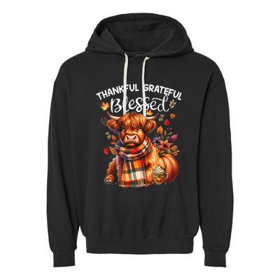 Thankful Grateful Blessed Highland Cow Fall YAll Autumn Garment-Dyed Fleece Hoodie