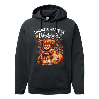 Thankful Grateful Blessed Highland Cow Fall YAll Autumn Performance Fleece Hoodie