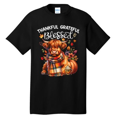 Thankful Grateful Blessed Highland Cow Fall YAll Autumn Tall T-Shirt