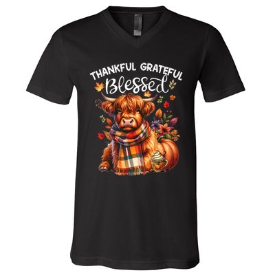 Thankful Grateful Blessed Highland Cow Fall YAll Autumn V-Neck T-Shirt