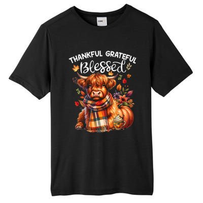 Thankful Grateful Blessed Highland Cow Fall YAll Autumn Tall Fusion ChromaSoft Performance T-Shirt