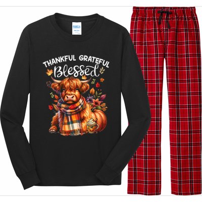 Thankful Grateful Blessed Highland Cow Fall YAll Autumn Long Sleeve Pajama Set