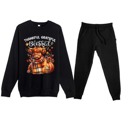 Thankful Grateful Blessed Highland Cow Fall YAll Autumn Premium Crewneck Sweatsuit Set