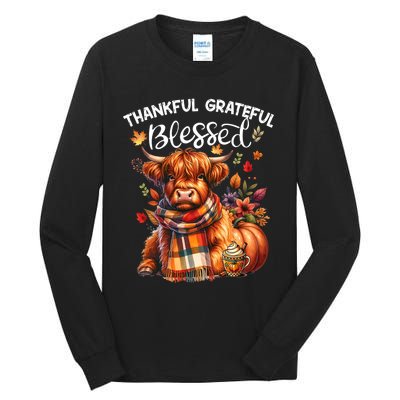 Thankful Grateful Blessed Highland Cow Fall YAll Autumn Tall Long Sleeve T-Shirt