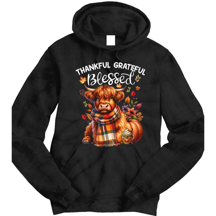 Thankful Grateful Blessed Highland Cow Fall YAll Autumn Tie Dye Hoodie