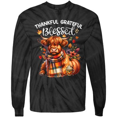 Thankful Grateful Blessed Highland Cow Fall YAll Autumn Tie-Dye Long Sleeve Shirt