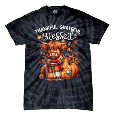 Thankful Grateful Blessed Highland Cow Fall YAll Autumn Tie-Dye T-Shirt