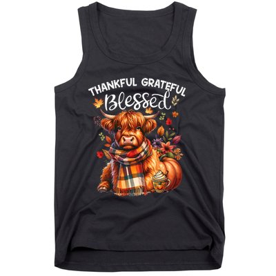 Thankful Grateful Blessed Highland Cow Fall YAll Autumn Tank Top