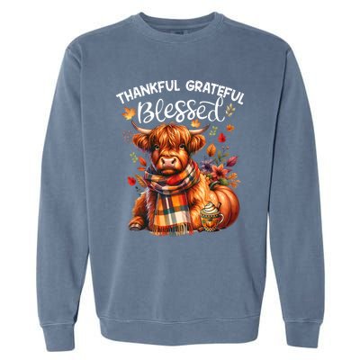 Thankful Grateful Blessed Highland Cow Fall YAll Autumn Garment-Dyed Sweatshirt