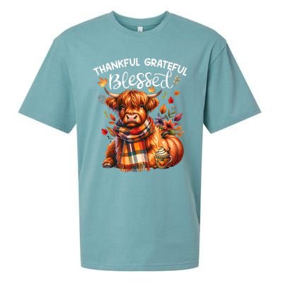 Thankful Grateful Blessed Highland Cow Fall YAll Autumn Sueded Cloud Jersey T-Shirt