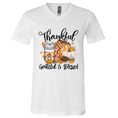 Thankful Grateful Blessed Fall Pumpkin Autumn Thanksgiving V-Neck T-Shirt