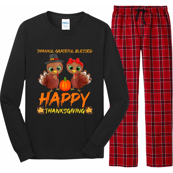 Thankful Grateful Blessed Happy Thanksgiving Turkey Long Sleeve Pajama Set