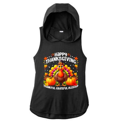 Thankful Grateful Blessed Happy Thanksgiving Turkey Ladies PosiCharge Tri-Blend Wicking Draft Hoodie Tank