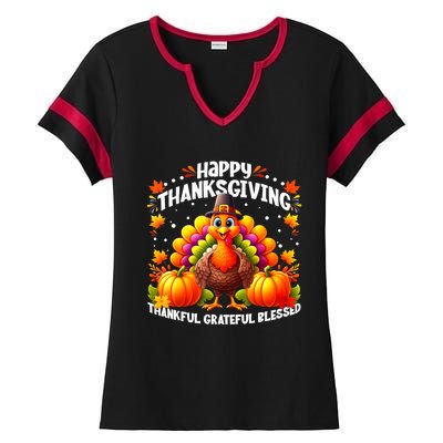 Thankful Grateful Blessed Happy Thanksgiving Turkey Ladies Halftime Notch Neck Tee