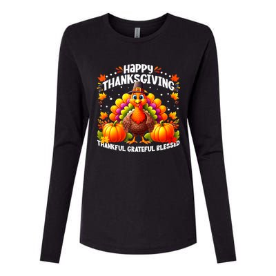 Thankful Grateful Blessed Happy Thanksgiving Turkey Womens Cotton Relaxed Long Sleeve T-Shirt