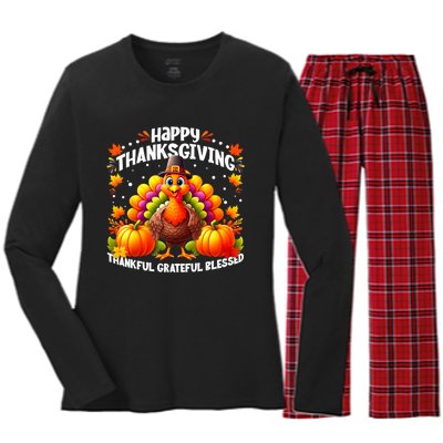 Thankful Grateful Blessed Happy Thanksgiving Turkey Women's Long Sleeve Flannel Pajama Set 