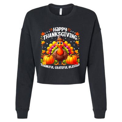 Thankful Grateful Blessed Happy Thanksgiving Turkey Cropped Pullover Crew