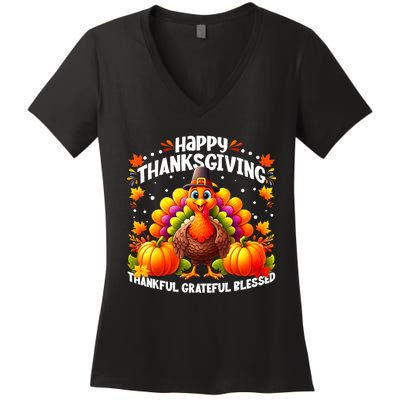 Thankful Grateful Blessed Happy Thanksgiving Turkey Women's V-Neck T-Shirt