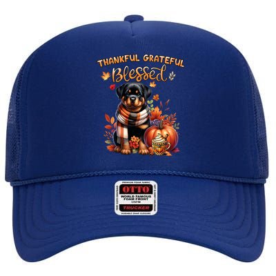 Thankful Grateful Blessed Rottweiler Dog Fall YAll Autumn High Crown Mesh Back Trucker Hat