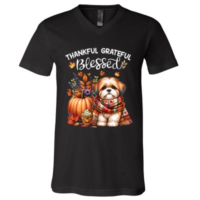 Thankful Grateful Blessed Shih Tzu Dog Fall YAll Autumn V-Neck T-Shirt